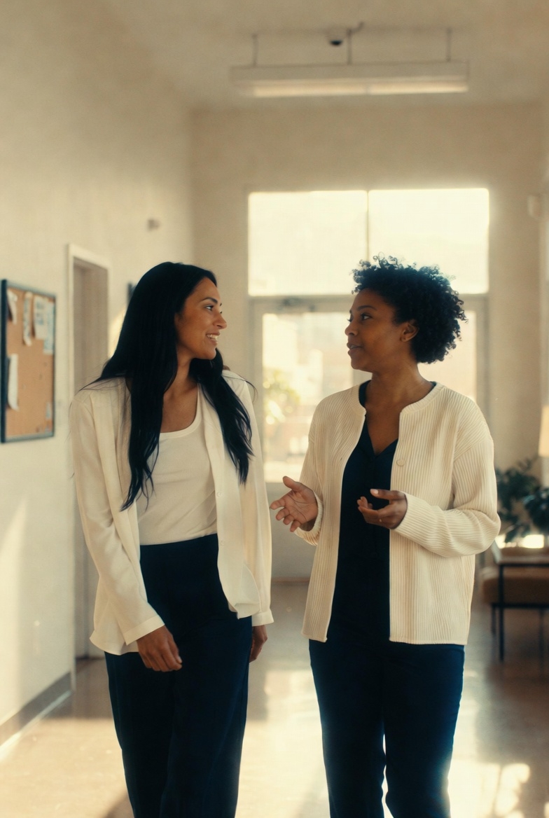 A job seeker meeting with a TalentOne.org coach in an office setting for free career guidance